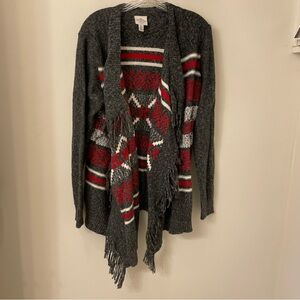 St Johns Bay Cardigan Sweater Gray  Red White Aztec Open Front, Fringe ,XL, NWT
